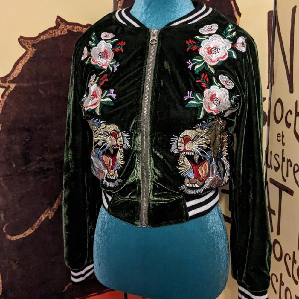 SOLD - Vintage Wet Seal emerald green velvet bomber jacket